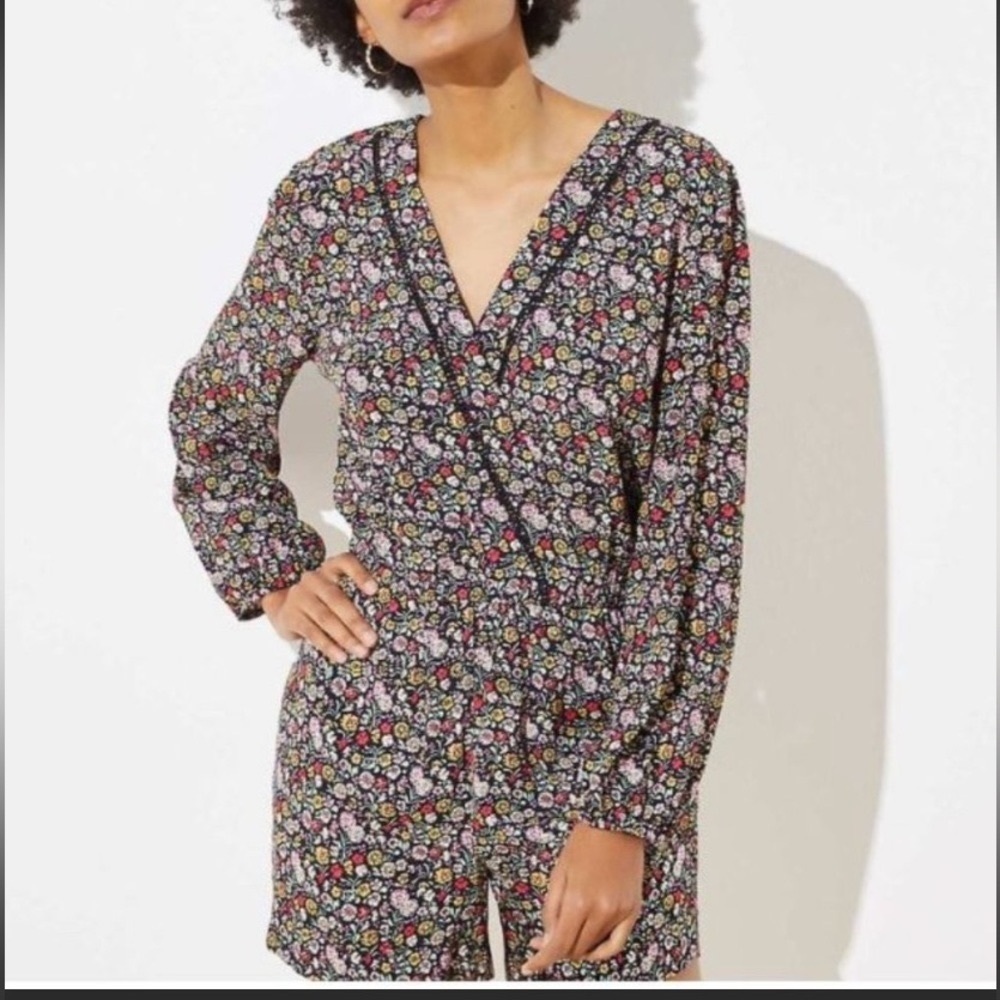 LOFT Black Floral Long-Sleeve Romper